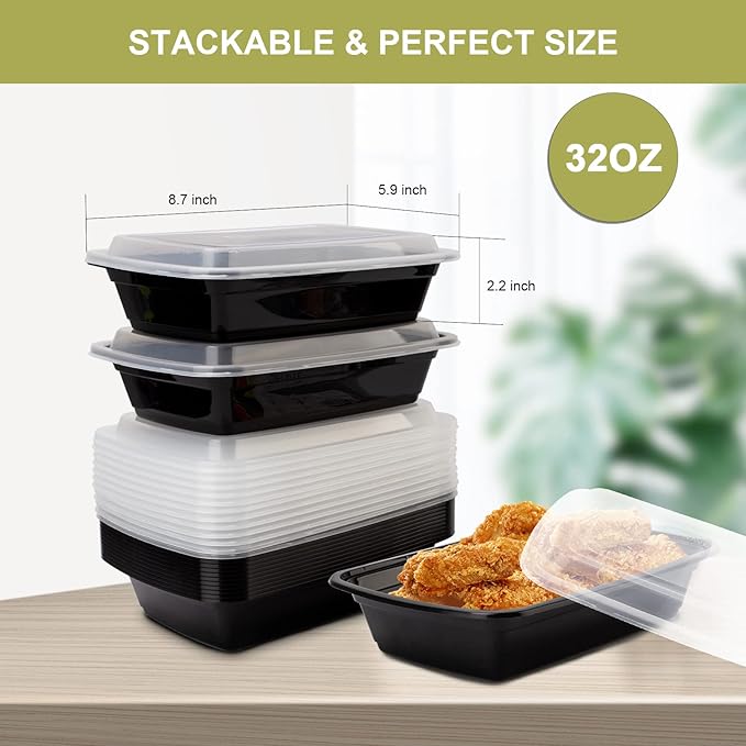 15 Pack- Meal Prep Containers 32oz, Plastic Food Prep Containers Reusable