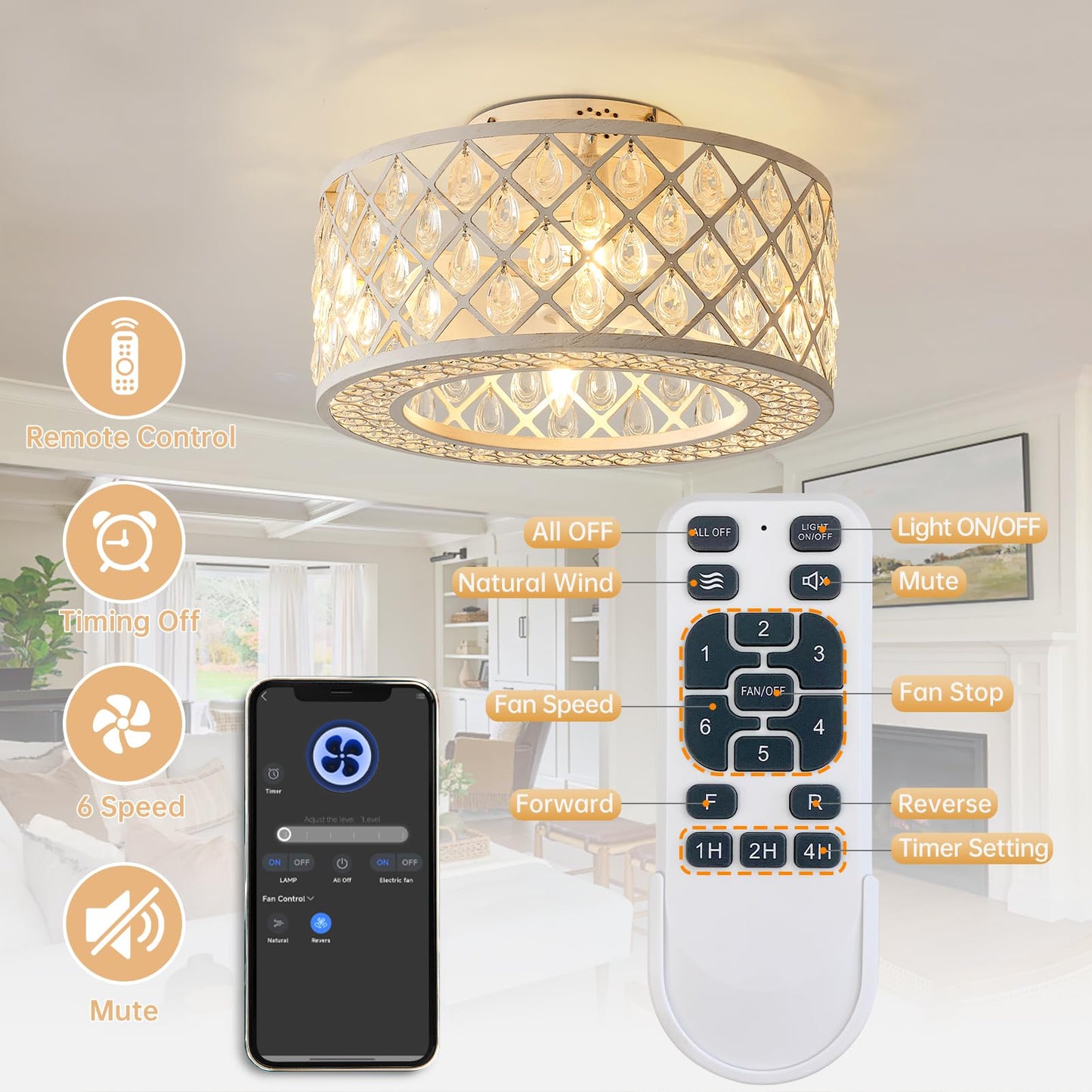 18 Inch Caged Ceiling Fans with Lights, Farmhouse White Crystal Fandelier Ceiling Fan and Remote/APP Control Low Profile Ceiling Fan for Bedroom Living Room Dining Room Kitchen Indoor, Including Bulb