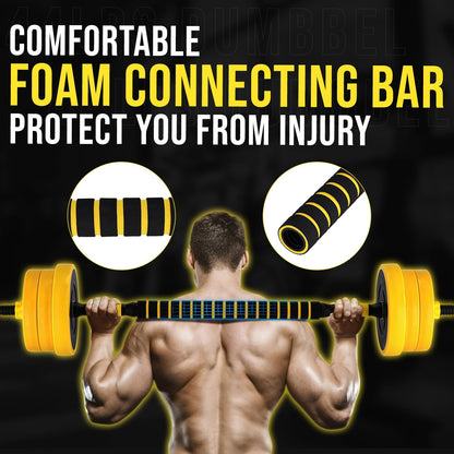 2-in-1 Adjustable Weight Set 44 Lb, Adjustable Weights with Foam Shoulder Connector Used As Dumbbell and Barbell Set, Yellow