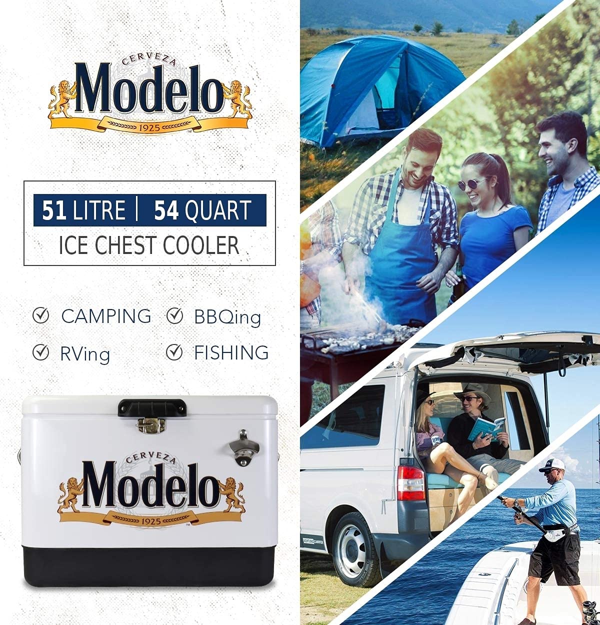Modelo Ice Chest Cooler - Portable Ice Bucket with Bottle Opener, Vintage Style, Insulated for Camping, Beach, Picnic, RV, BBQs, Tailgating, Fishing, Stainless Steel 85 Can Ice Box, 51L (54 qt)