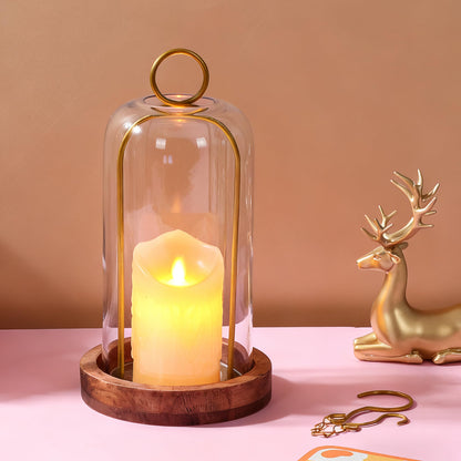 12" High Versatile Vintage Brass Metal Candle Holder with Handmade Sturdy Glass Dome and Natural Wooden Base for Pillar Candle & Plants, Industrial, Farmhouse, Shabby Chic, Display Cloche Bell Jars