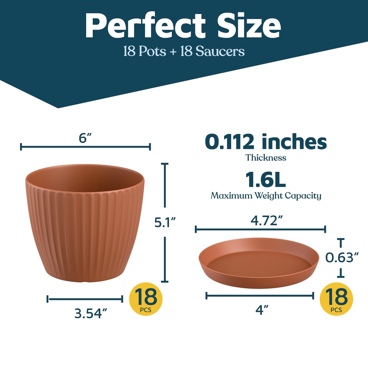 Terracotta 6-Inch Plant Pots with Drainage & Saucers 18 Pack, Indoor & Outdoor Planters for Houseplants, Herbs, and Flowers, Durable & Weatherproof Material, Stackable, Lightweight, Minimalist Design