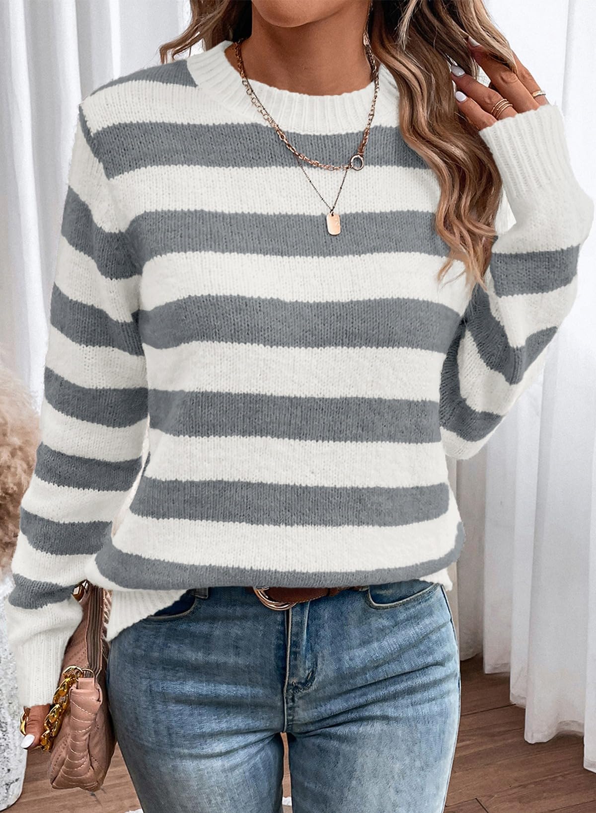 Dokotoo Sweaters for Women 2025 Crewneck Striped Cute Color Block Fall Winter Knitted Pullover Tops