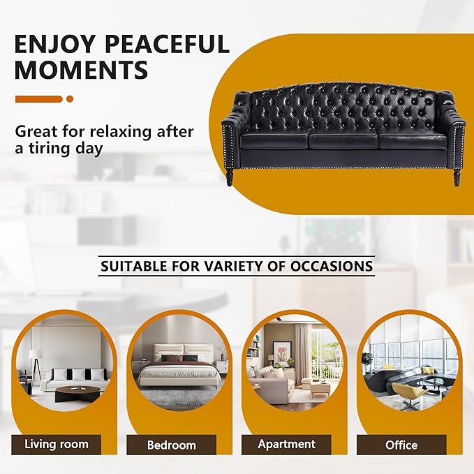 LEVNARY Mid-Century Modern Leather Couch, Chesterfield Sofa Sleeper Settee