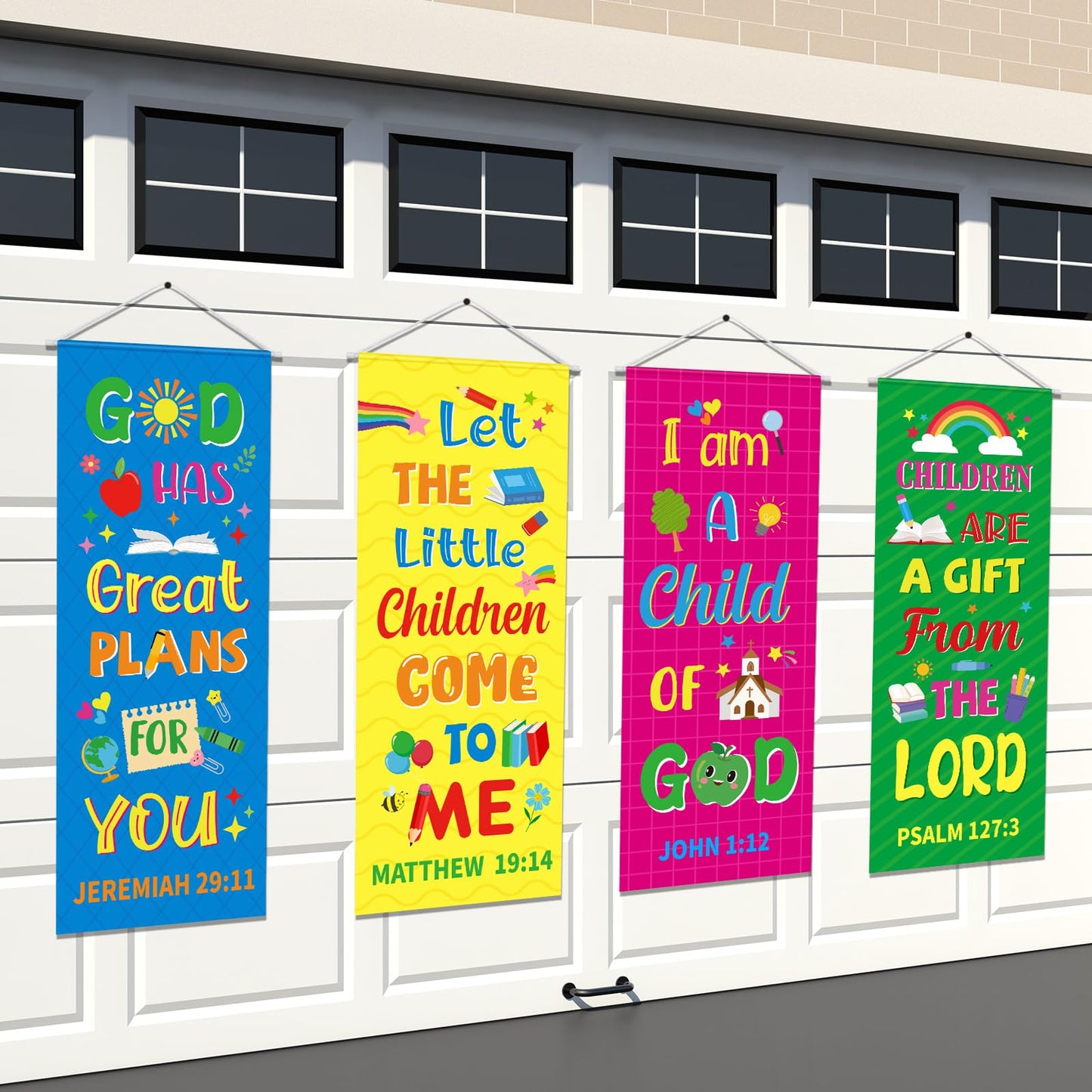 Panelee 4 Pcs Church Banners for Sanctuary Wall Rainbow Cartoon Church Banners with Scripture Inspirational Religious Praise Bible Verses Hanging Backdrop Signs for Sunday School Worship Decoration