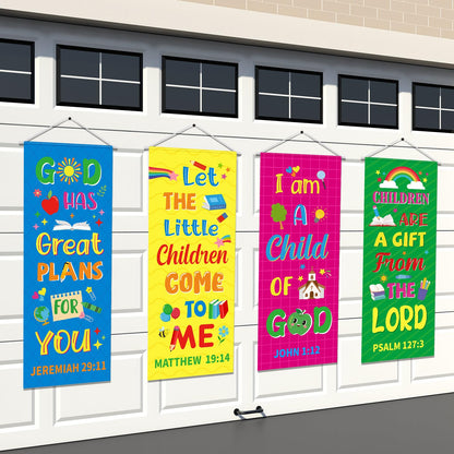 Panelee 4 Pcs Church Banners for Sanctuary Wall Rainbow Cartoon Church Banners with Scripture Inspirational Religious Praise Bible Verses Hanging Backdrop Signs for Sunday School Worship Decoration