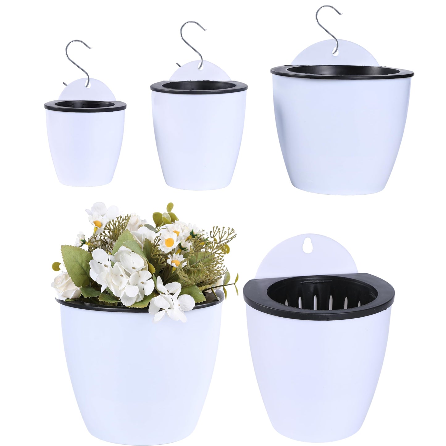 SOOSKSI Self Watering Wall Mounted Planters | Set of 3 White Indoor/Outdoor Hanging Planter with Double Layer Design & Flat Backed for Mounting | Effortless Plant Care & Stylish Wall Pots.