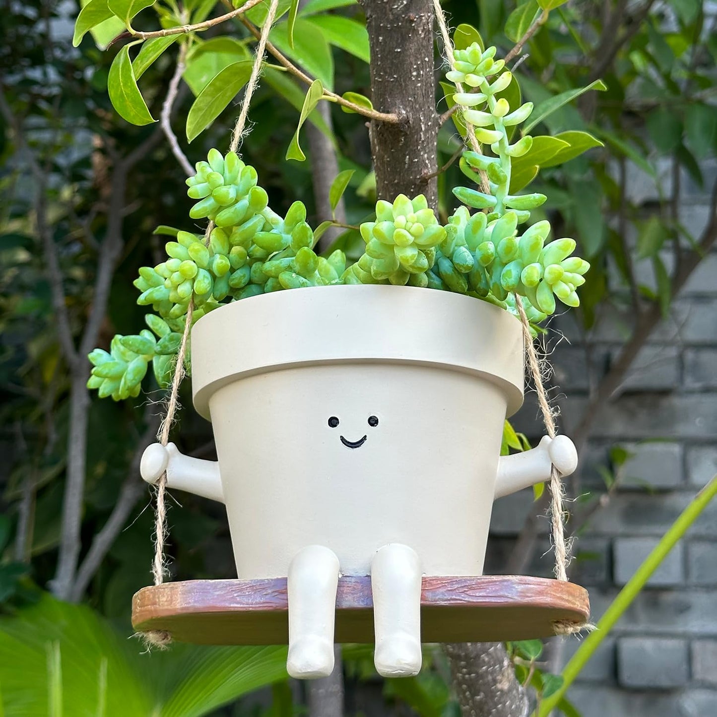 Hanging Planter Swing Face Plant Pot - Cute Resin Head Planters with Drainage Hole Indoor Outdoor Plant Holder, Succulent/String of Pearls Flower Pots, Unique Sitting Sway Pots, Gift Ideas for Mother