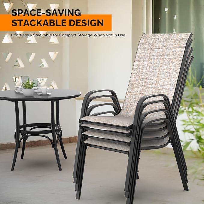VINGLI Patio Chairs Set of 6 – Stackable Outdoor Dining Chairs with Comfortable Sling High Back Chairs and Armrests for Lawn, Poolside, Courtyard, Balcony, Garden, Yellow