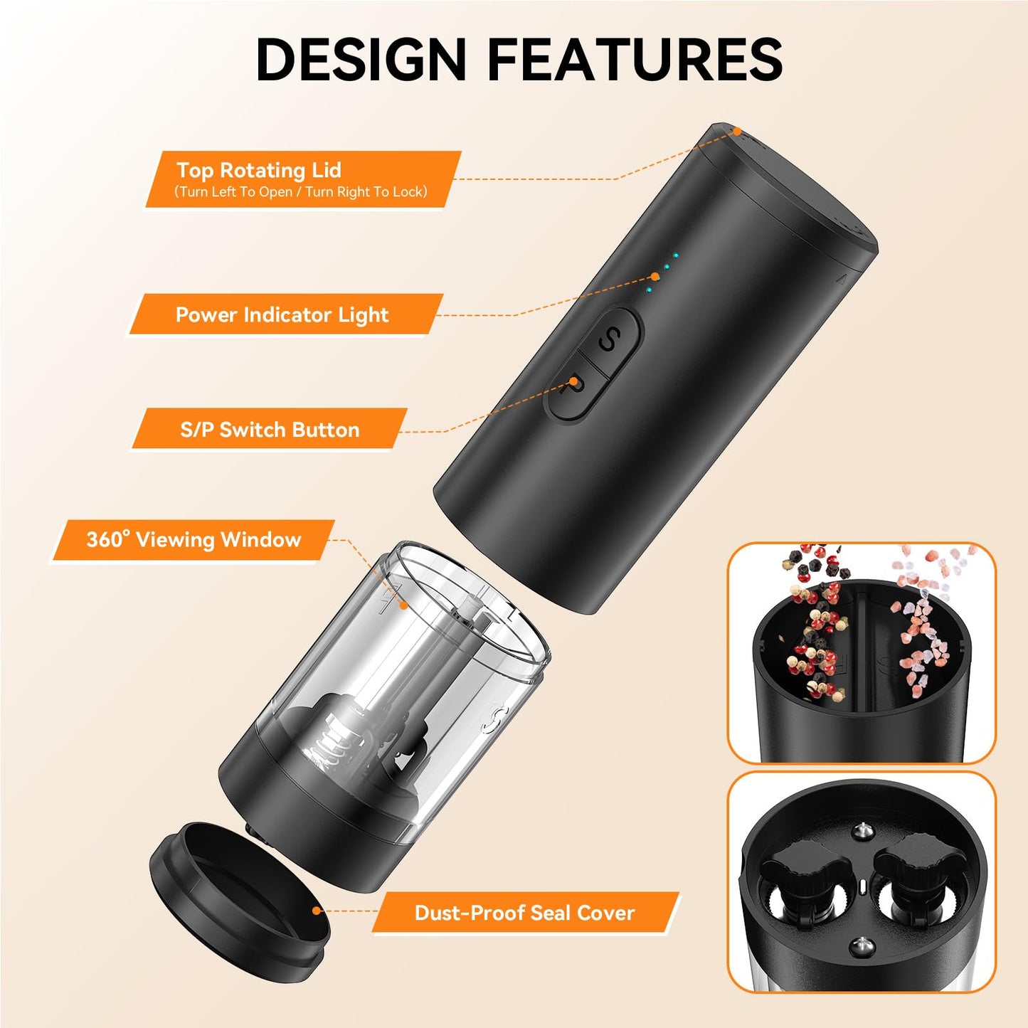 Electric Salt and Pepper Grinder Set 2 in 1, USB Rechargeable, Automatic Salt and Pepper Mill Shakers with LED Light, Battery Display, Adjustable Coarseness, Ideal for Kitchen Outdoor BBQ Gift