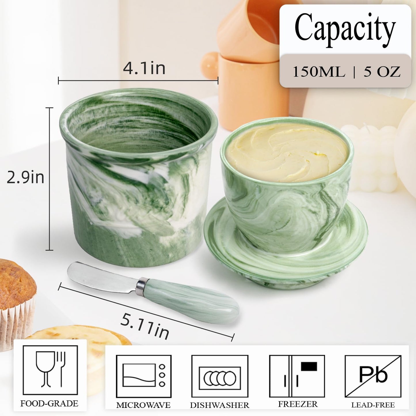MSJGA Ceramic Butter Crock with Lid & Spreader Knife, Butter Keeper - Ideal Butter Storage & Countertop Butter Dish (Marble Green with Marble Green Knife, M)