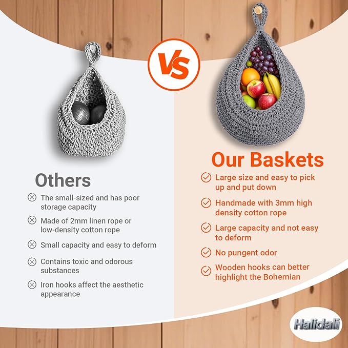 Hanging Fruit Baskets for Kitchen, 3 Pack Boho Cotton Rope Handwoven Vegetable