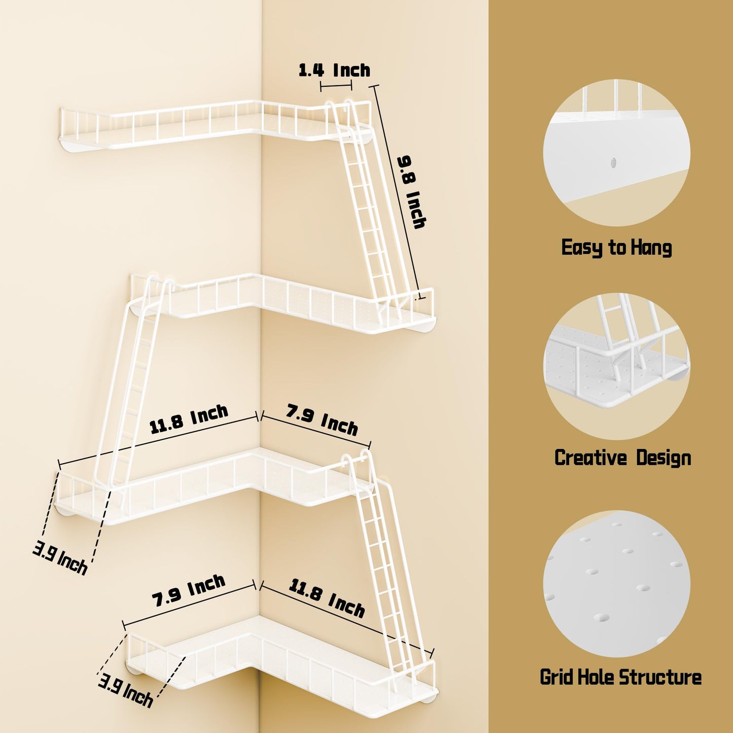 WOPITMER Fire Escape Wall Shelf - Modern City Style 4-Tier Corner Wall Shelves, Easy to Install Metal Ladder Shelf for Figures, New York Decorative Shelves for Bathroom, Living Room & Home Decor,White