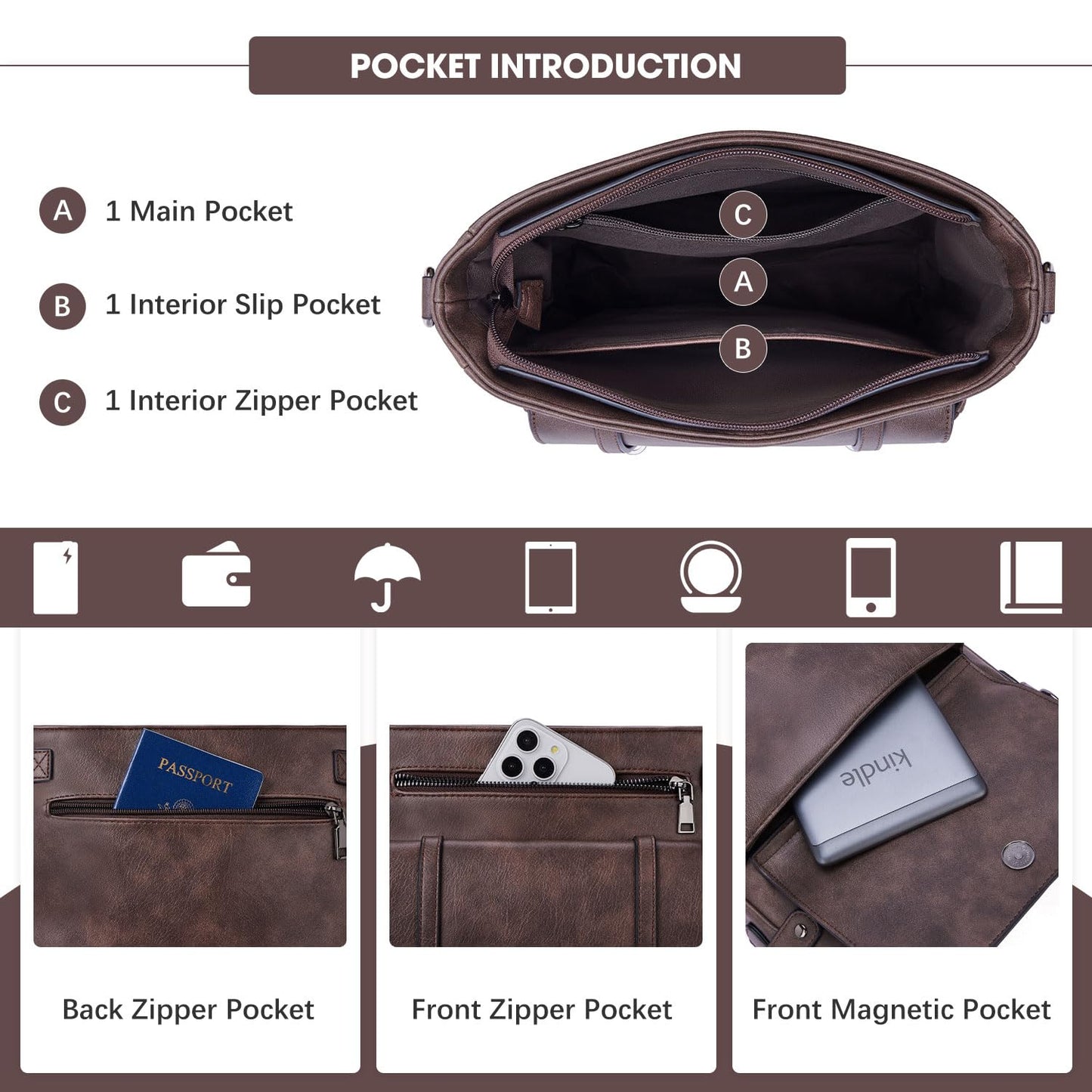 Roulens Crossbody Bags for Women,Multi Pocket Crossbody Purses Vegan Leather Shoulder Handbags Travel Purse Adjustable Strap