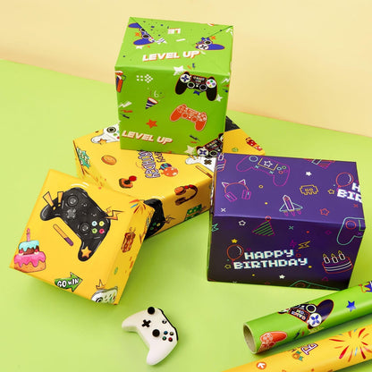 WERNNSAI Gaming Wrapping Paper - 3 Rolls 43 x 305cm Birthday Wrapping Paper Kids Boys Gift Wrap Green Yellow Birthday Wrap Paper with Cutting Lines
