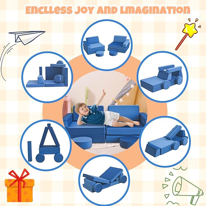 12 Pcs Modular Kids Play Sofa Convertible Foam Floor Mat and Play Fortress