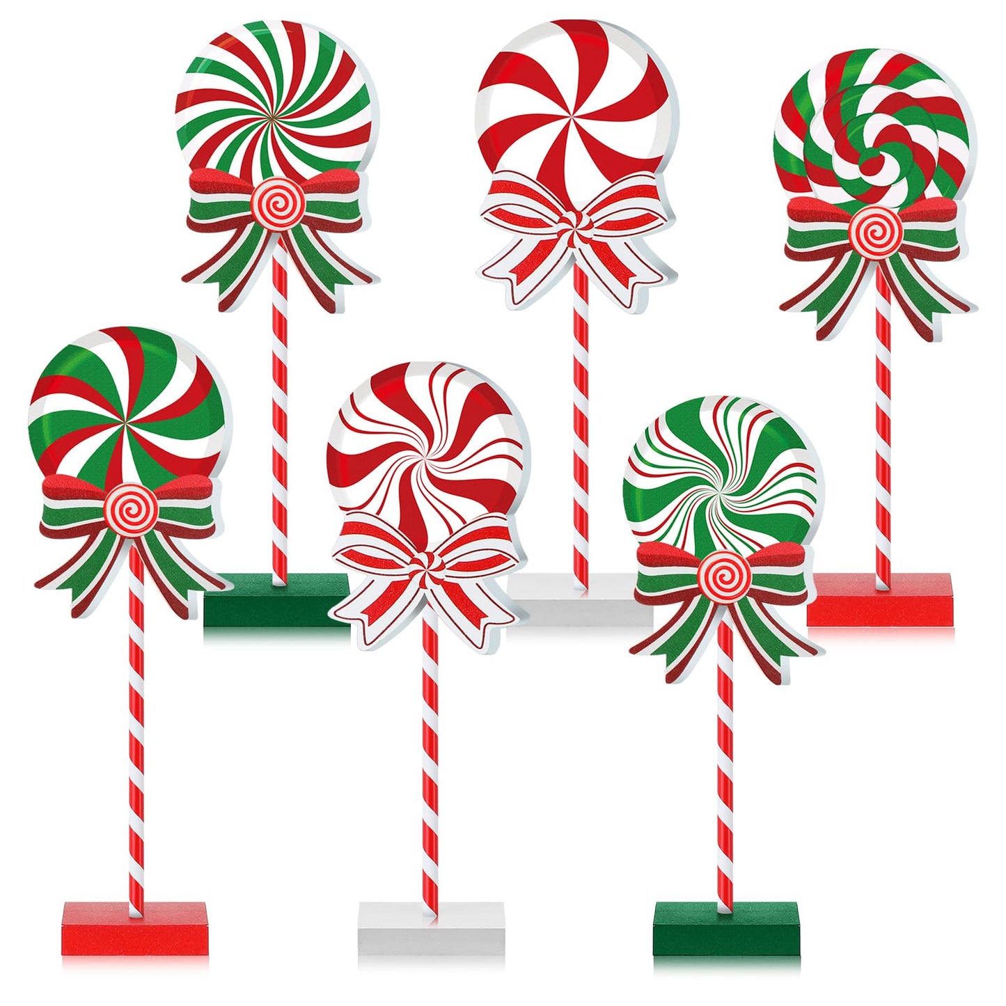 6 Pieces Christmas Candy Wooden Tabletop Decor Candy Cane Tall Standing Wood Block Xmas Cane Table Centerpiece Sign for Christmas Tiered Tray Home Desk Office Party Decoration(Wood,Red, Green, White)