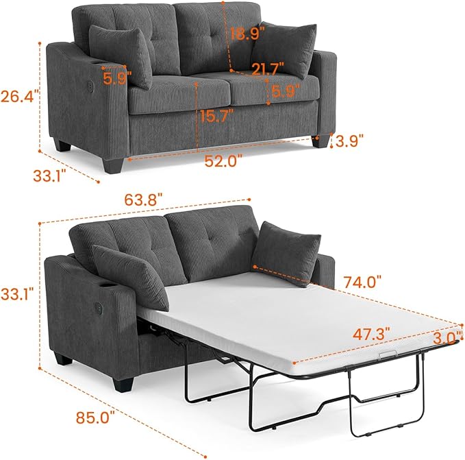 Full Size Pull Out Sleeper Sofa Bed, 2-in-1 Convertible Corduroy Pull Out Couch