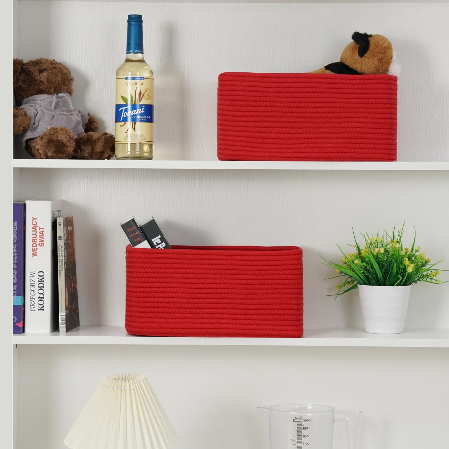 Maxuni 3-Pack Small Storage Baskets for Organizing | Woven Shelf Toy Basket | Rope Baskets for Gifts Empty | Closet Organizer Bins with Handles | Cube Decorative Box | 11.8×7.8×5.1” | Christmas Red
