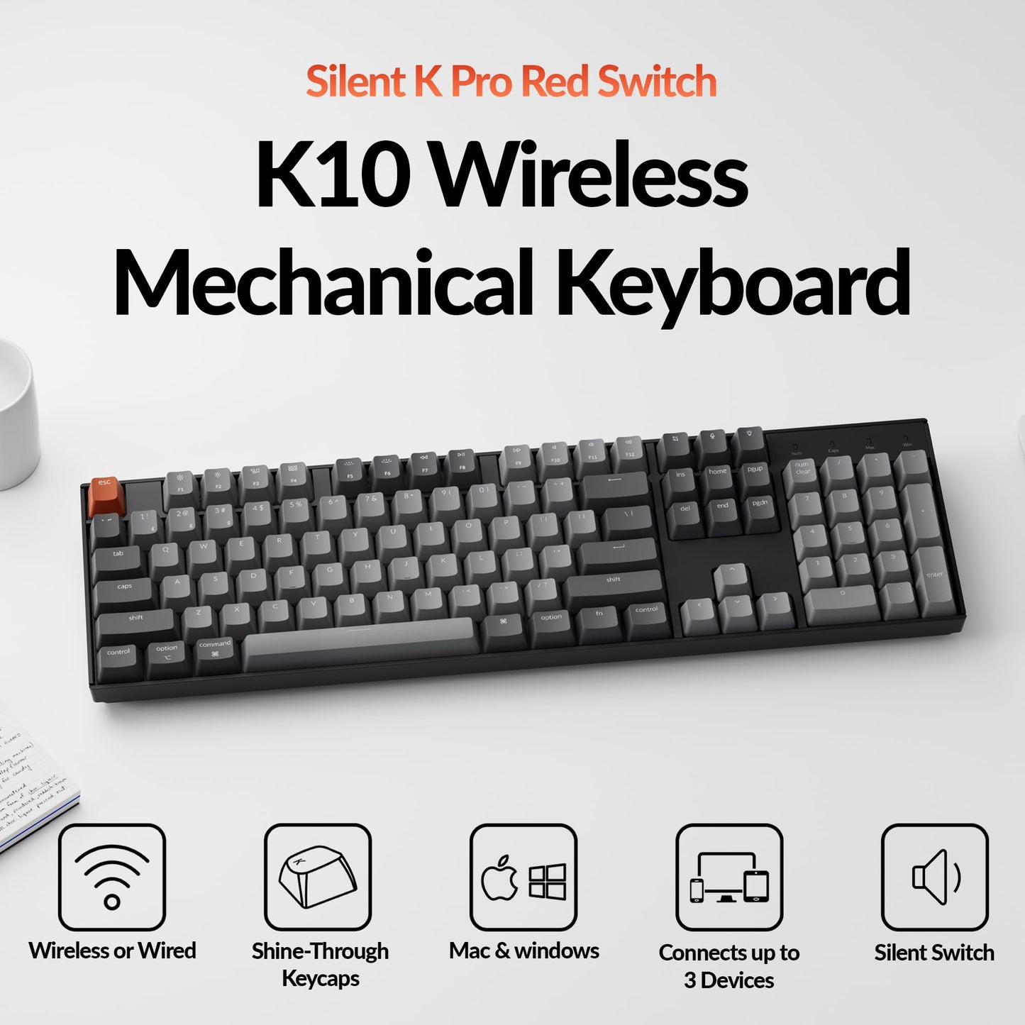 Keychron K10 Full Size 104 Keys Bluetooth Wireless Mechanical Gaming Keyboard for Mac Windows K Pro Brown Switch, Multitasking/White LED Backlight/USB C Wired Computer Keyboard
