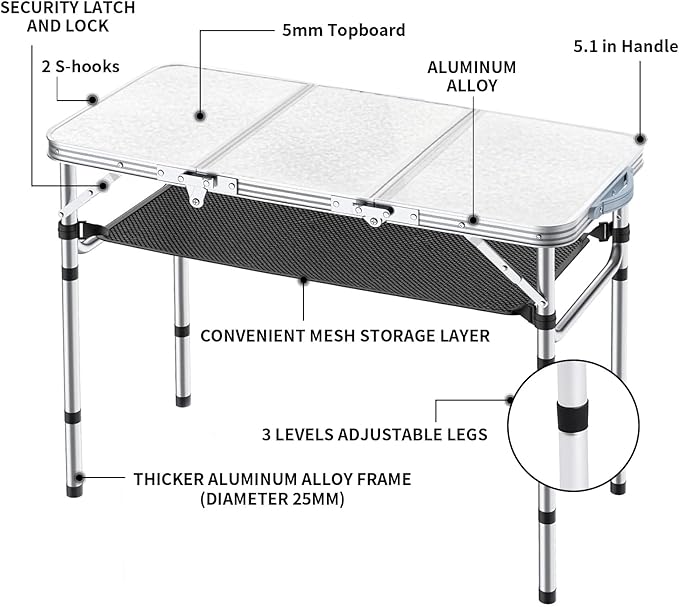 Yriuat Folding Camping Table 3ft Portable Picnic Table Adjustable Height Small