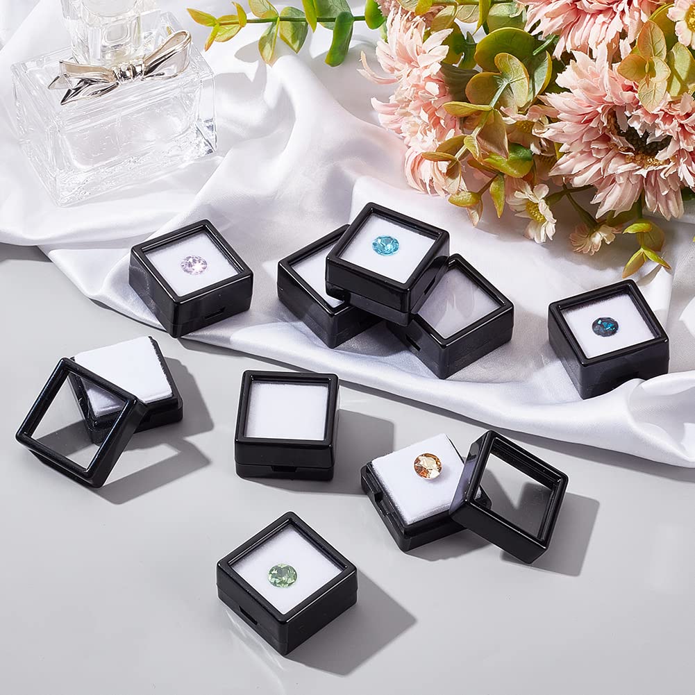 BENECREAT 36 Pcs Black Gemstone Display Box Plastic Transparent Bare Stone Box Black Square Jewelry Box 1.16x1.16x0.65 Suitable for Gemstone, Jewelry, Crystal Diamond Accessories Display