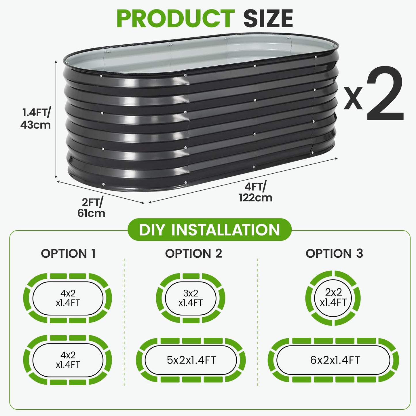 Galvanized Raised Garden Bed Outdoor |17'' Tall Planter Box Outdoor for Deep Root Plants | 2Pcs Raised Bed Kit for Gardening with Rubber Strip for Vegetables Flowers Fruits (Darkgrey, 4x2x1.4FT)