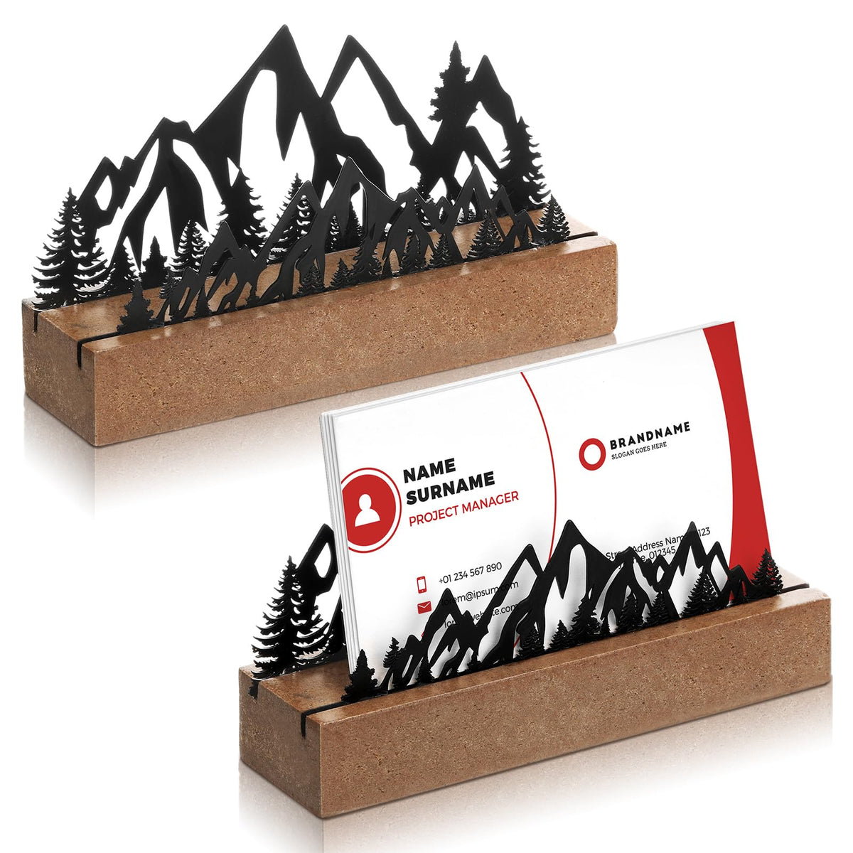 CroBlissful 2 Pcs Mountain Business Card Holders for Desk, Wood&Metal Black Mountain Range Forest Silhouette Business Card Display Stand for Home Office