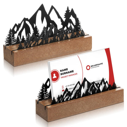 CroBlissful 2 Pcs Mountain Business Card Holders for Desk, Wood&Metal Black Mountain Range Forest Silhouette Business Card Display Stand for Home Office