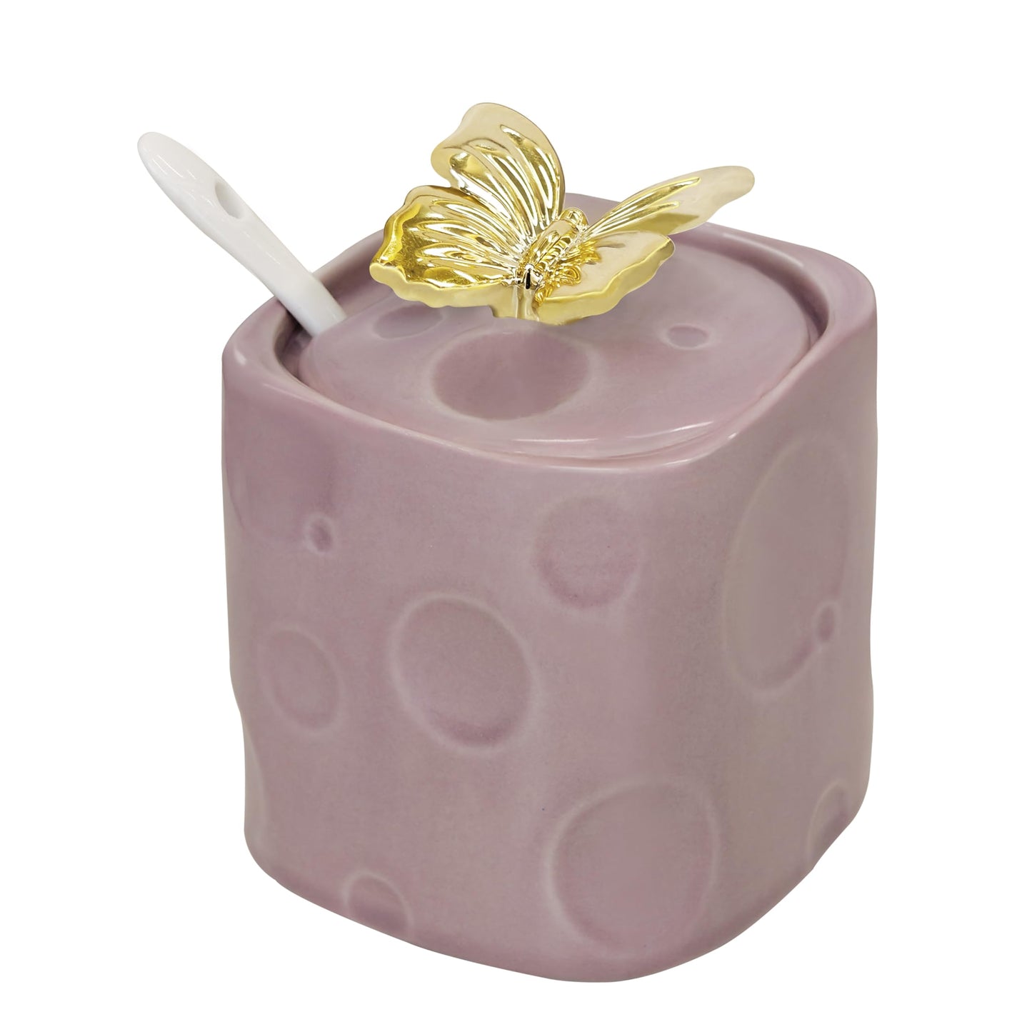BarroSol Ceramic Sugar Container, 6.7ounce Sugar Bowl with Lid and Spoon,Sugar Jar with 3D Golden Butterfly Decoration for Coffee, Salt, Spices,Sugar Holder for Coffee Station Accessories,Purple