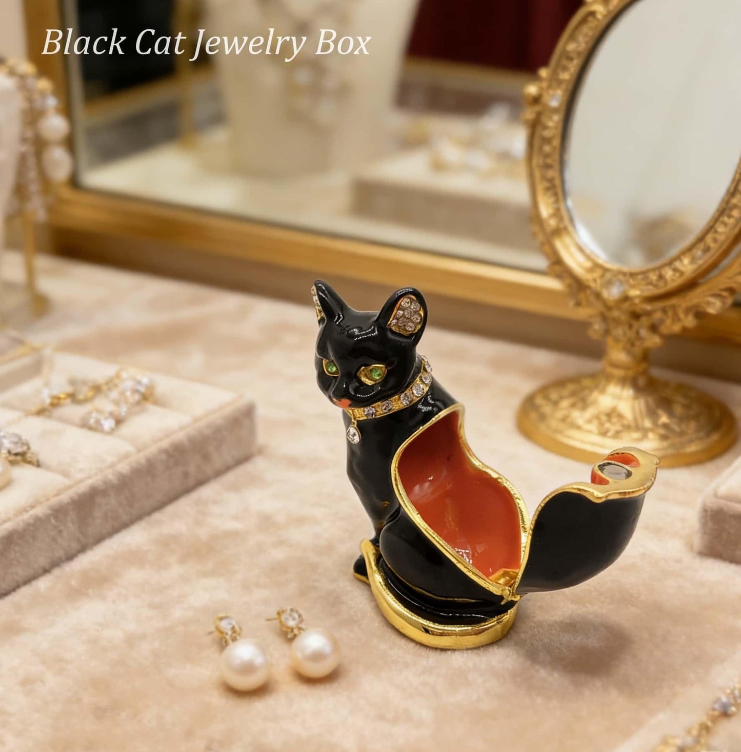 JWT Astyle Luxury Black Cat Hinged Jewelry Box with Crystals.Hand Painted Cat Figurine Trinket Box .Classic Animal Designs.Rings Earrings Necklace Storage Box, Cat Home Decor Gift