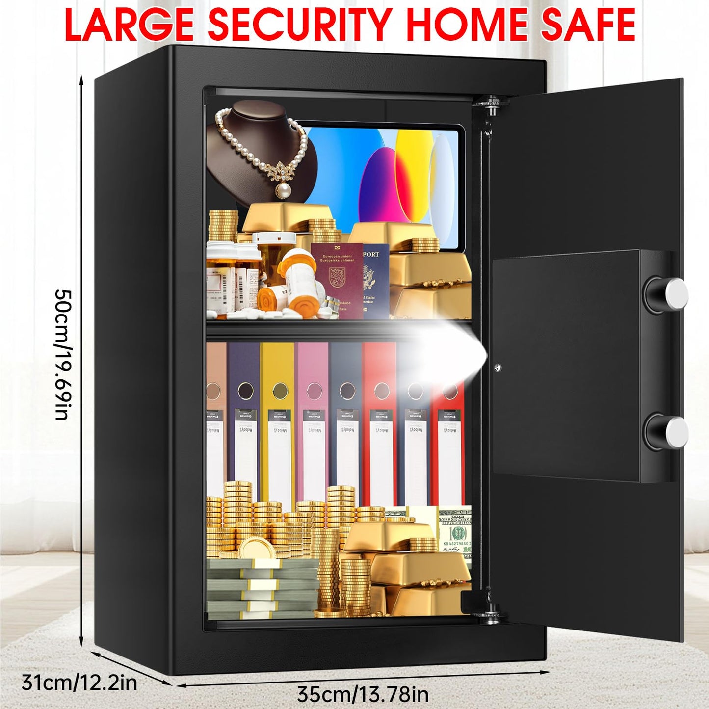 3.4 Cub Large Safes for Home Use Fire and Water Proof, Anti-Theft Digital Security Safe Box with Electronic Keypad and Key, Fire Proof Safe for Home Documents Firearm Medicine Money Valuables