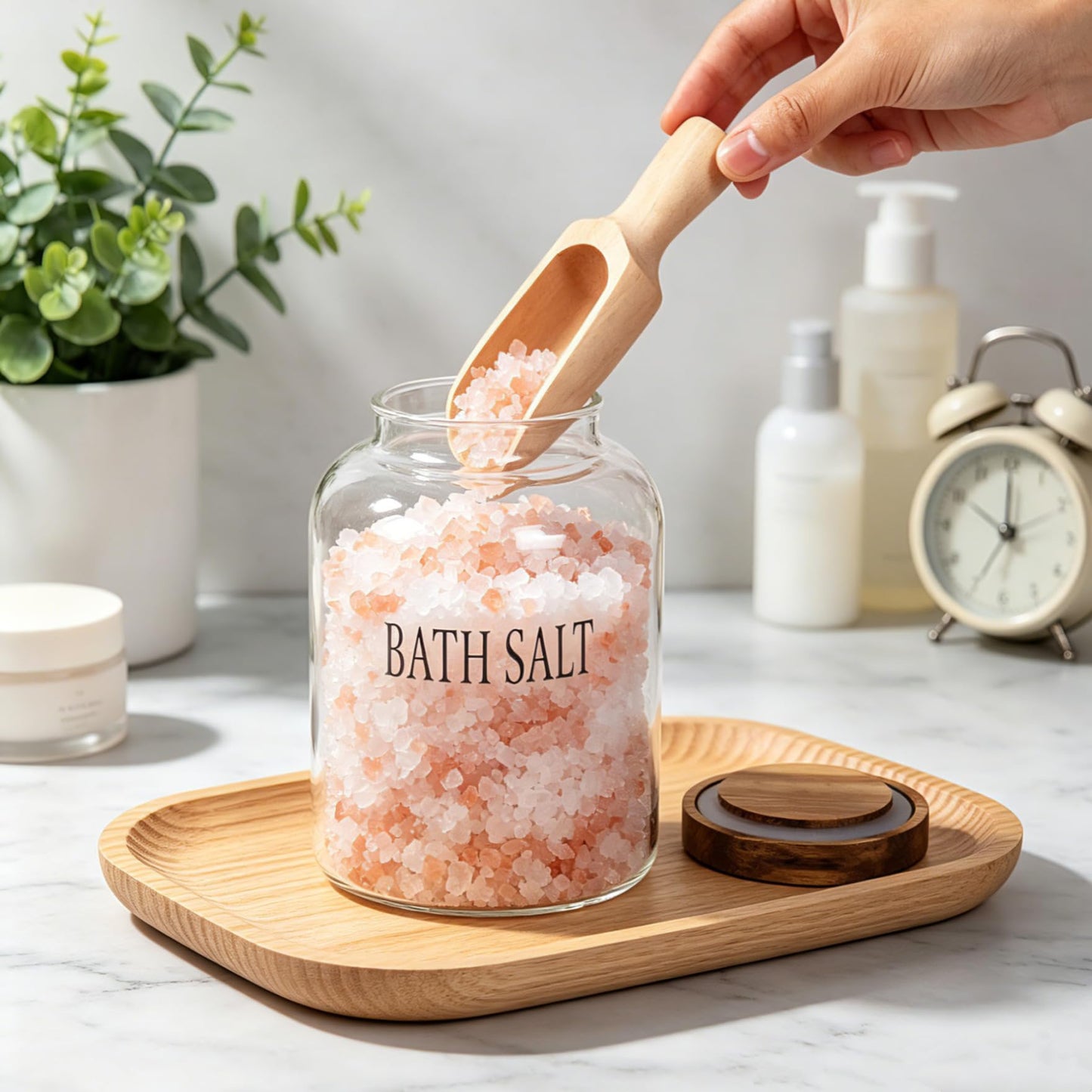 Klmnop 74 oz Glass Bath Salts Jar with Wooden Scoop, Bath Salt Container with Lid, Bathroom Organizers and Bath Decor(Clear)