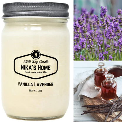 Nika's Home Vanilla Lavender Soy Candle - 12oz Mason Jar - Non-Toxic - Hand Poured in The USA, Long Burning 50-60 Hours Highly Scented All Natural, Clean Burning