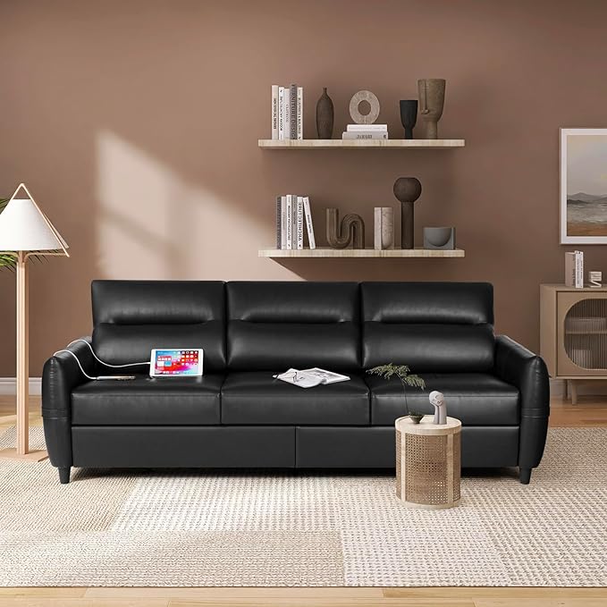 STHOUYN 85” Black Faux Leather Couch