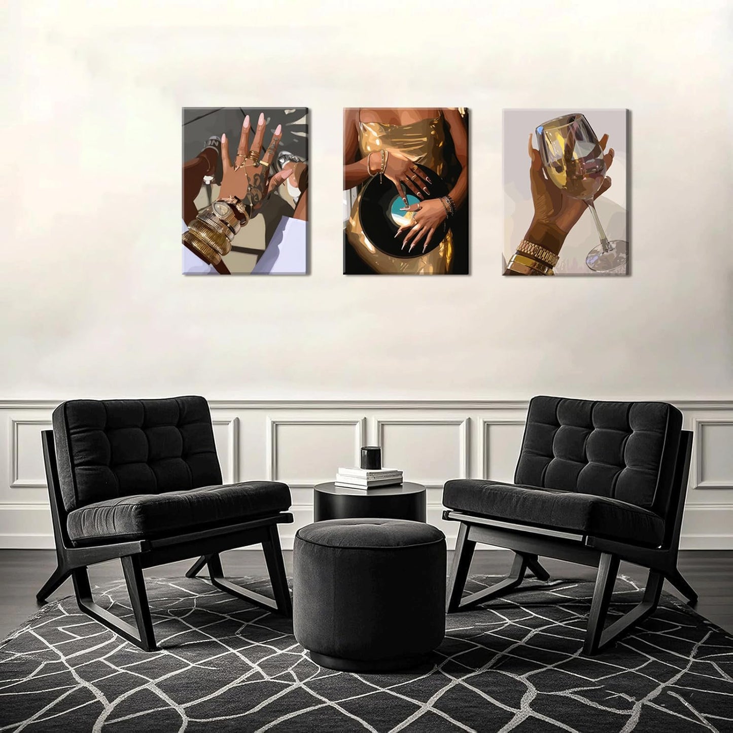 Black Girl wall Art Set of 3, African American Woman Wall Decor Fashion Gold People Music Poster Canvas Prints Paintings Pictures for Bedroom Living Room Decoration 12x16 inch Framed