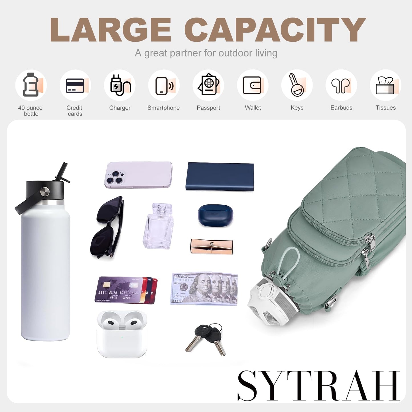 SYTRAH Water Bottle Bag Crossbody，Insulated Water Bottle Purse Crossbody Water Bottle Holder with Strap 40 oz, Sling Bag for Walking Hiking, Green