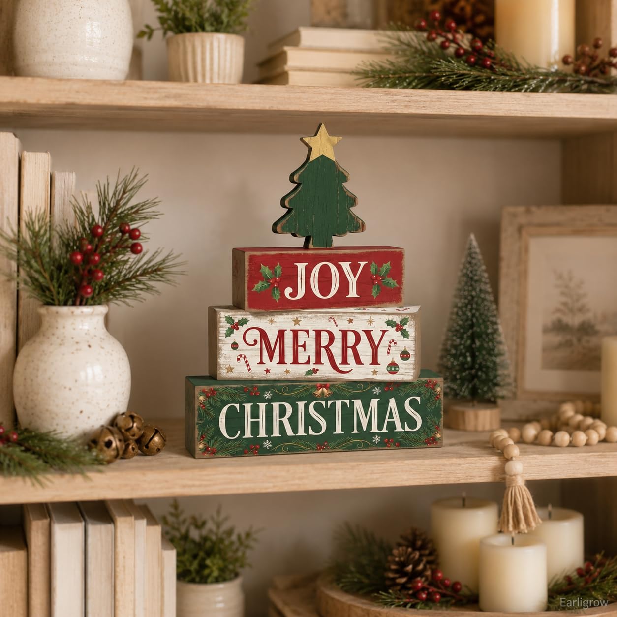 4 Pcs Christmas Decor Joy Merry Christmas Wooden Block Signs Farmhouse Rustic Tabletop Centerpiece Xmas Tiered Tray Decor with Green Tree for Home Kitchen Mantel Shelf Party Gift
