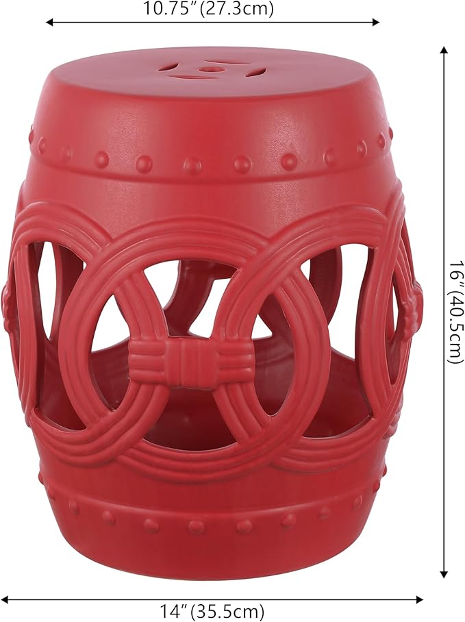 JONATHAN Y TBL1022C Lucky Coins 16" Chinese Ceramic Drum Indoor/Outdoor Garden Stool Bohemian, Coastal, Cottage, French Country, Traditional, for Living Room, Garden Room, Patio, Matte Red