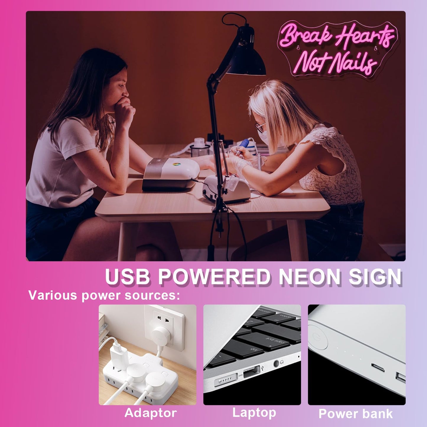 VVYXX Break Heart Not Nails Neon Sign for Wall Decor,Neon Light Pink LED Neon Light for Bedroom Nails Salon Beauty Room Shop Decoration Gift