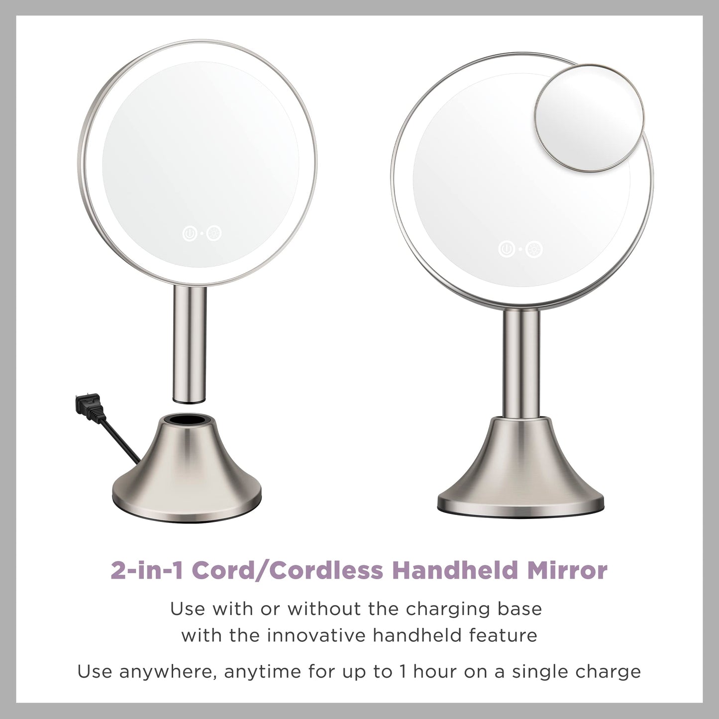 Conair Lighted Makeup Mirror, LED Vanity Mirror, 1X/10X Magnifying Mirror with Handheld Feature, Corded or Cordless in Brushed Nickel