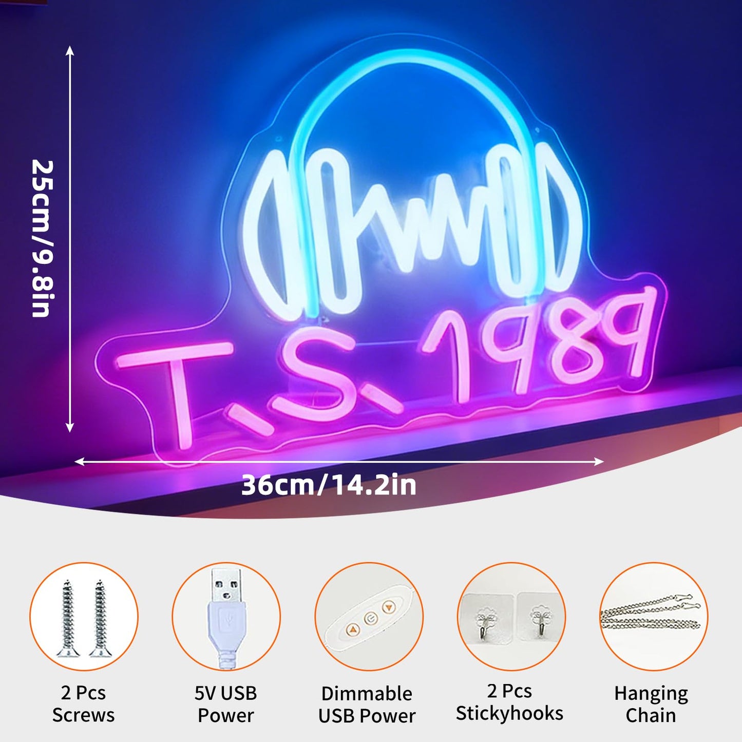 TS 1989 LED Neon Sign, USB Powered Dimmable Decorative Neon Light for Fans Music Room Bedroom Home Music Theme Party Gift Wall Table Decor 14.2 x 9.8 In