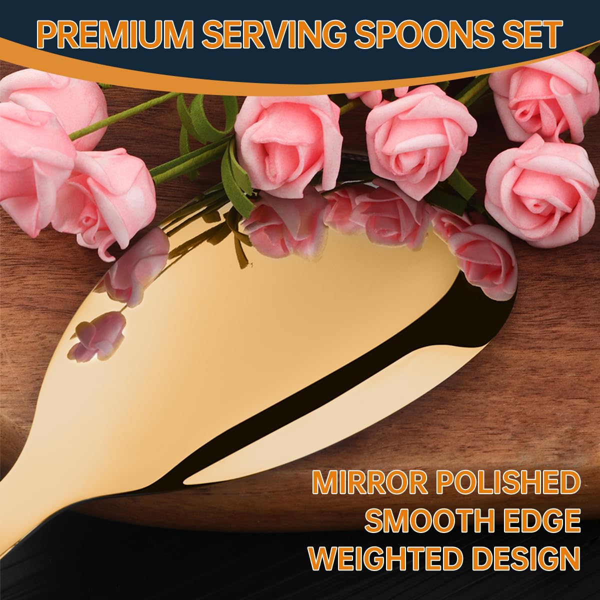 13-Inch Large Stainless Steel Serving Spoons Set, Long Handle Buffet Utensils, Dishwasher Safe (Gold, 6 piece)