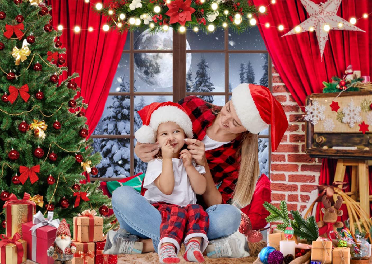 Diasynig 10x6.5FT Christmas Backdrop Window Red Curtain Xmas Tree Gifts Forest Snow Scene Photography Background Family Kids Winter Holiday Christmas New Year Party Decoration Banner Photo Booth Props