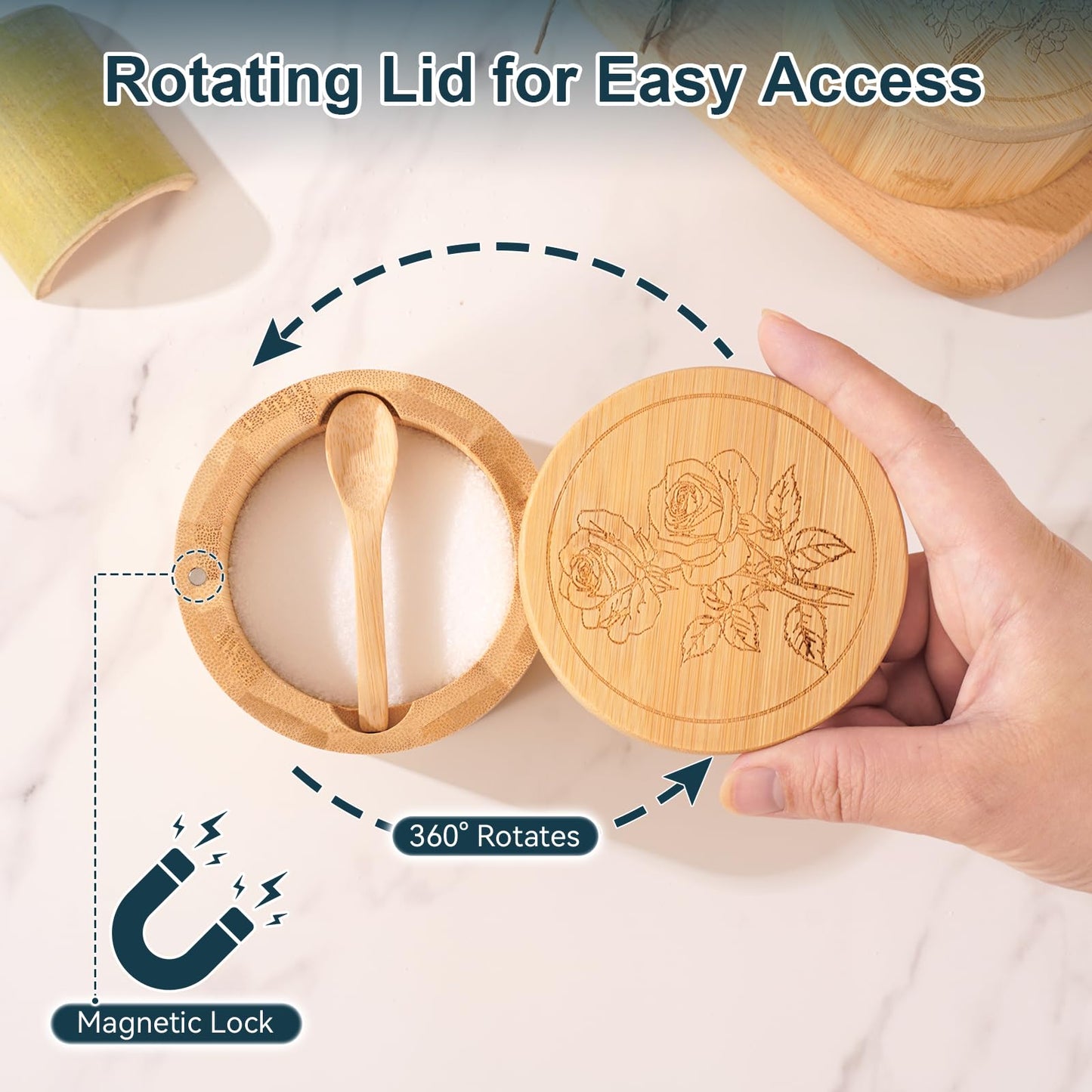 Timtopno Salt Cellar, 2PCS Salt Container Bamboo Salt and Pepper Box for Countertop with Built-in Spoon & Swivel Lid, Spice Seasoning Storage Bowl, Elegant Salt Holder (Rose & Bird Engraving)