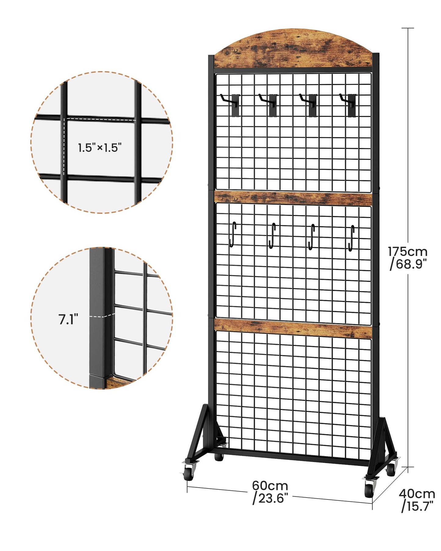 CHOEZON Grid Wall Panel 5.7' x 2' FT Grid Display Rack, 2 Pack Movable Gridwall Display Stand with 8 S-Shaped Hooks and 8 Garment Hooks, Floorstanding Wire Grid Rack, Rustic Brown and Black TCJ17P2BF