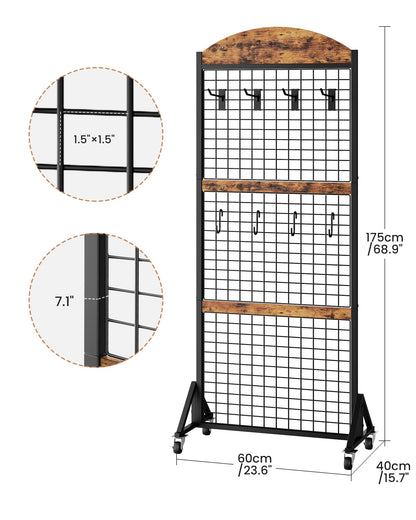 CHOEZON Grid Wall Panel 5.7' x 2' FT Grid Display Rack, 2 Pack Movable Gridwall Display Stand with 8 S-Shaped Hooks and 8 Garment Hooks, Floorstanding Wire Grid Rack, Rustic Brown and Black TCJ17P2BF