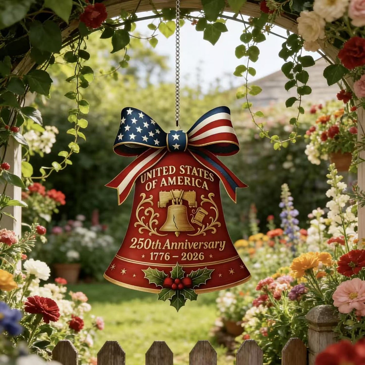 July 4th 250th Anniversary Ornament,Bell Sun Catcher Hanging,Red with America Flag Designs Bow Patriotic Christmas Ornaments,Full Cover Acrylic Suncatchers for Windows Decor Party Supplies for Garden