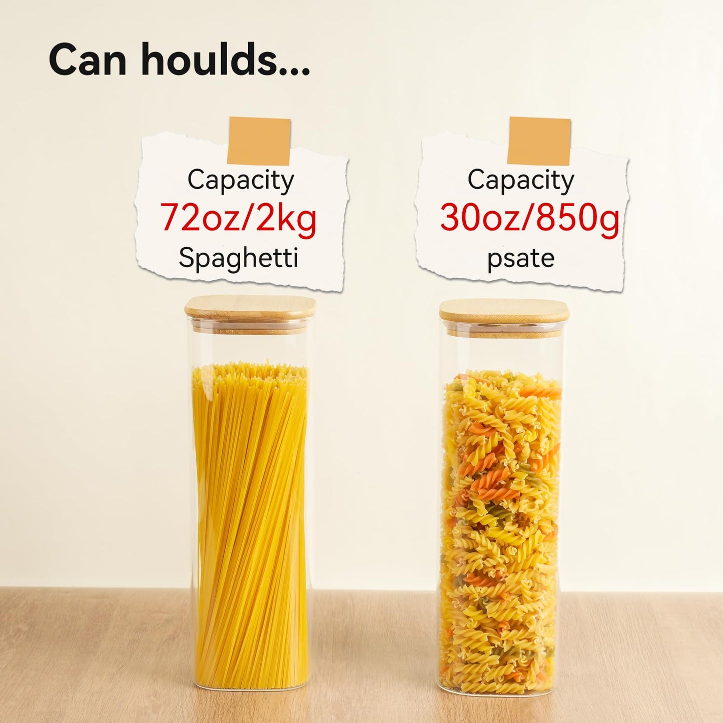 Glass Spaghetti Pasta Storage Container - 3 Pack 2.5 QT Airtight Food Storage Jar Set with Bamboo Lid Labels -Tall Square Kitchen Pantry Canister Organizers for Noodle Cookies Flour Cereal Coffee Bean