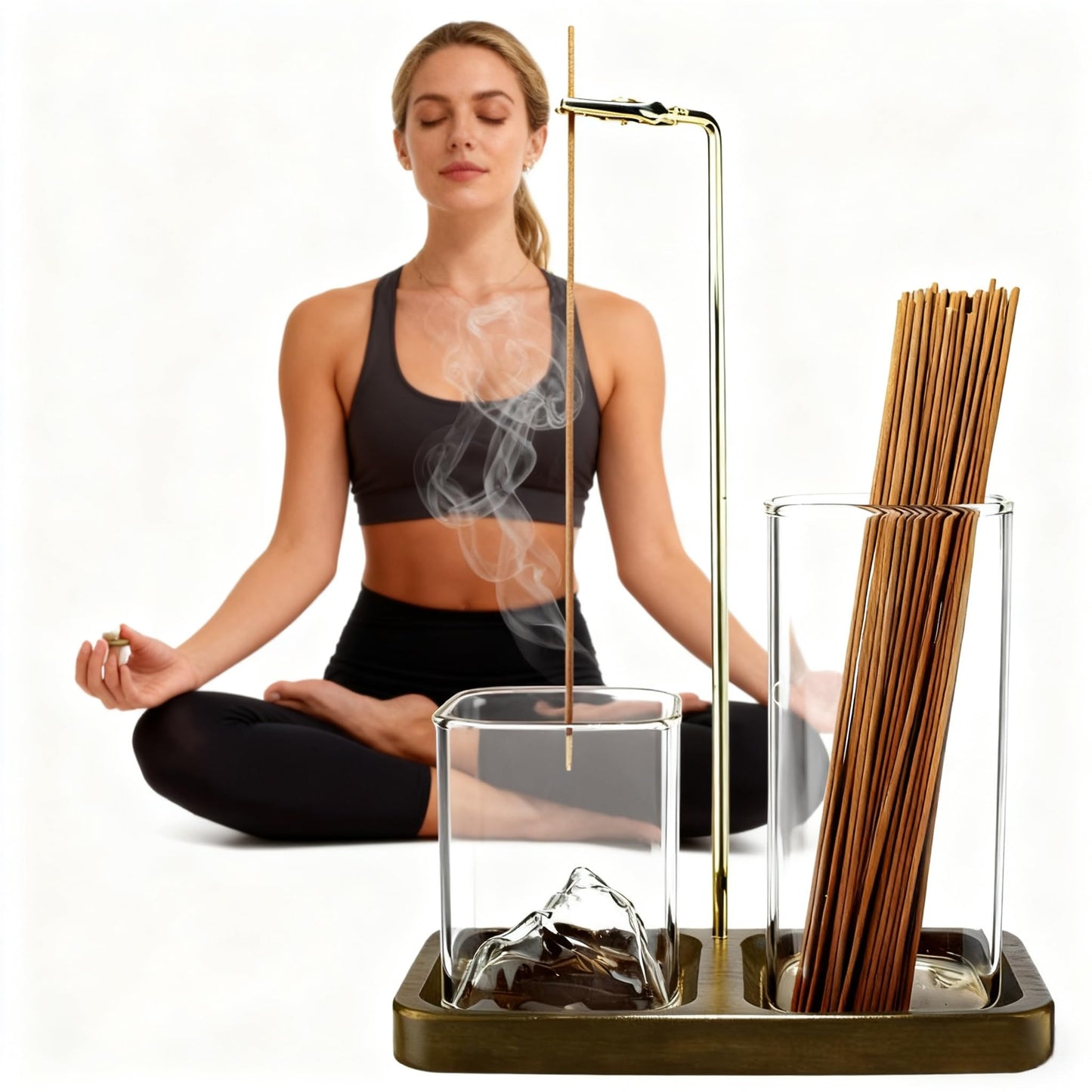 2 in 1 Incense Holder for Sticks, Anti-Ash Flying Burner with 40 Incense Sticks & Removable Glass Ash Catcher, Home Decor for Meditation Yoga Spa